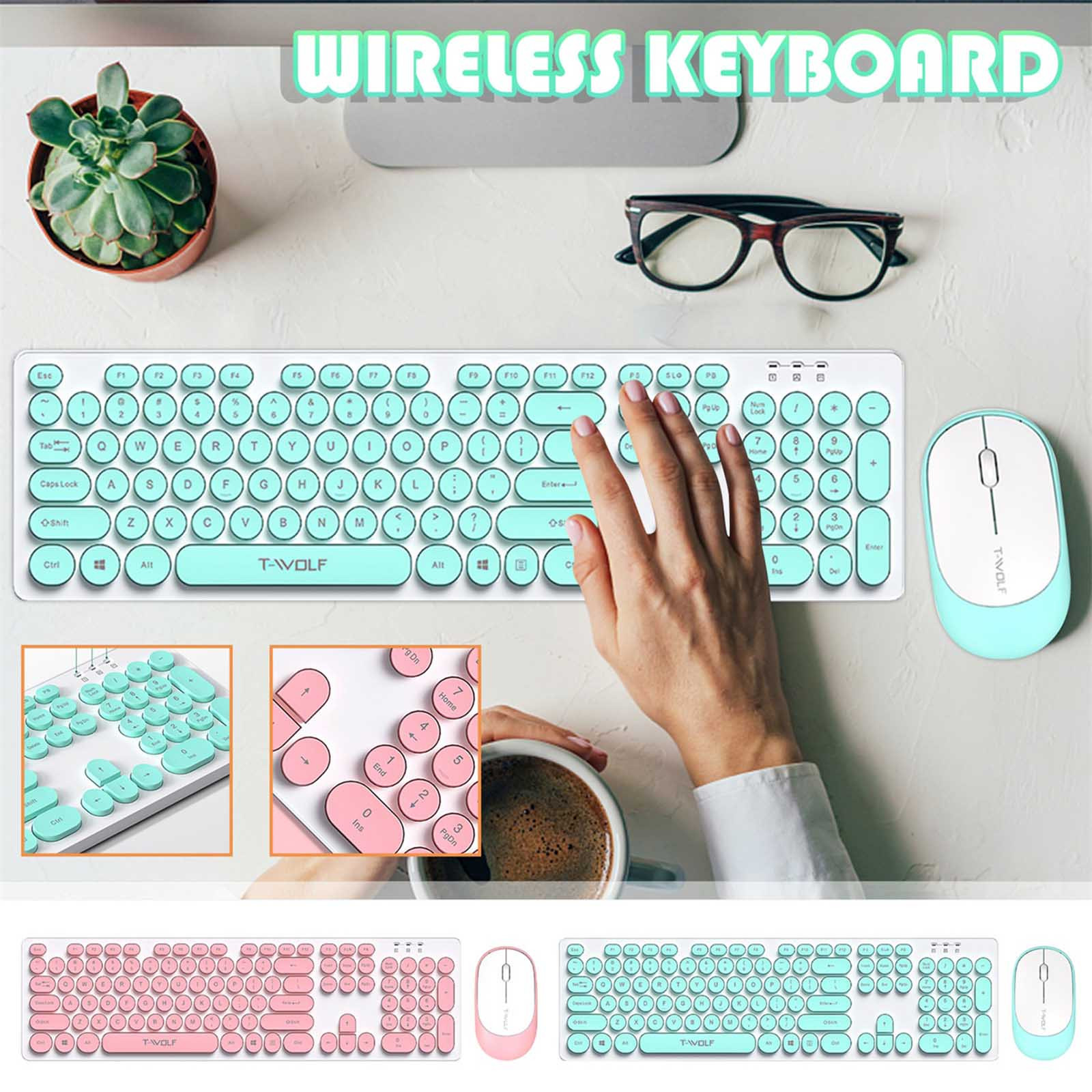 Jacenvly 2024 New Wireless Keyboard and Mouse Combo Cute Keyboard Retro Round Keycap Ultra Thin Quiet 2.4Ghz Retro Key Board For Laptop Easter Decor